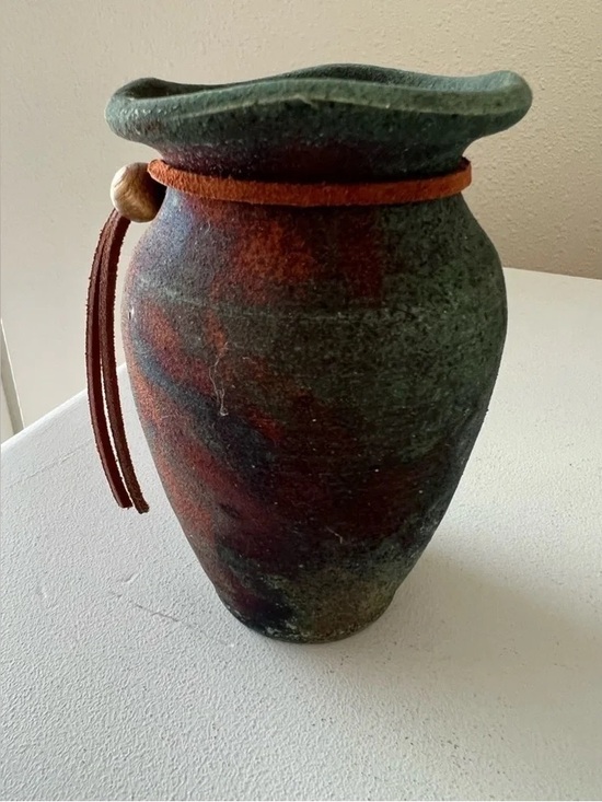 Raku Other - Handcrafted Green and Brown Ceramic Vase with Leather Tie